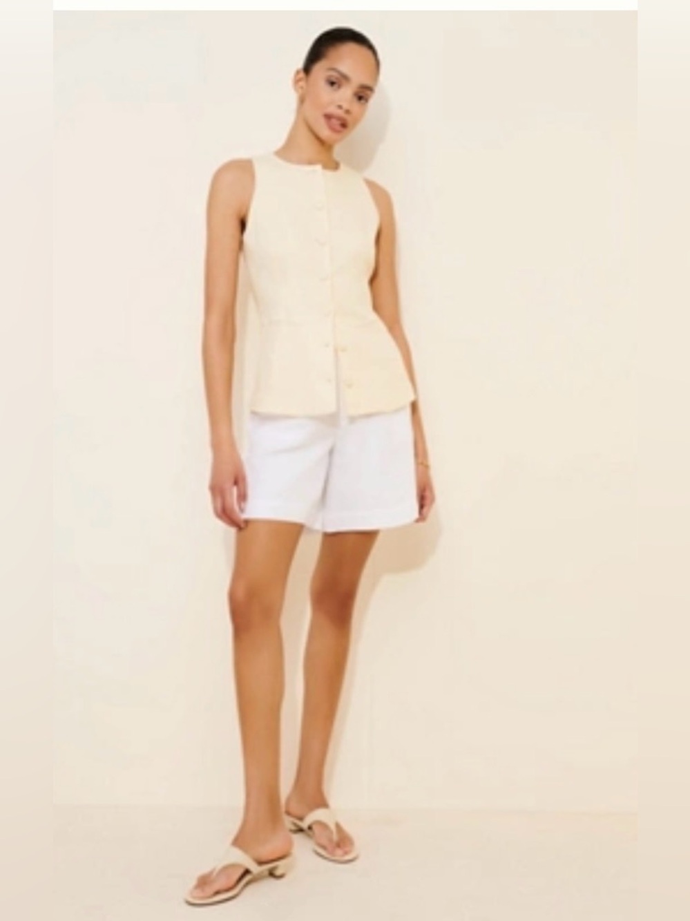 (Anthropologie) Extro Vert - Cream/Soft-Yellow Sleeveless Button-Front Top